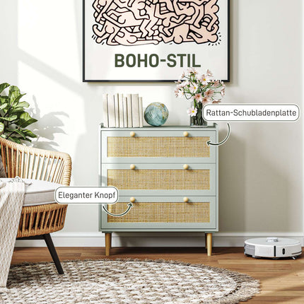 Boho ratanová komoda, skříňka se 3 zásuvkami, světle modrá