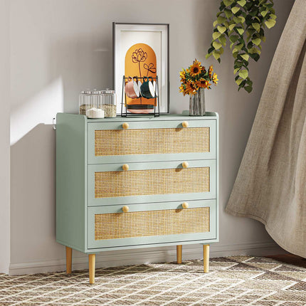 Boho ratanová komoda, skříňka se 3 zásuvkami, světle modrá