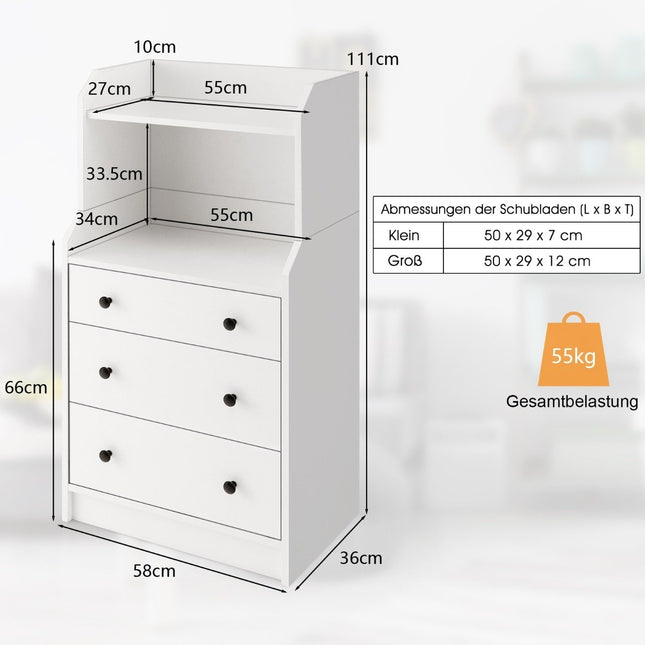 Kommode mit 3 Schubladen &amp; Einlegeböden &amp; Kippschutz Schubladenschrank Weiß