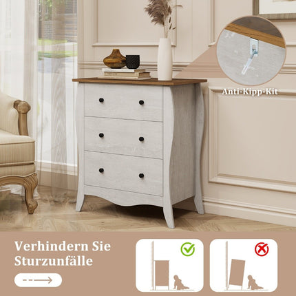 Komoda se 3 skládacími látkovými zásuvkami, sideboard ve venkovském stylu, šedá zásuvková skříňka