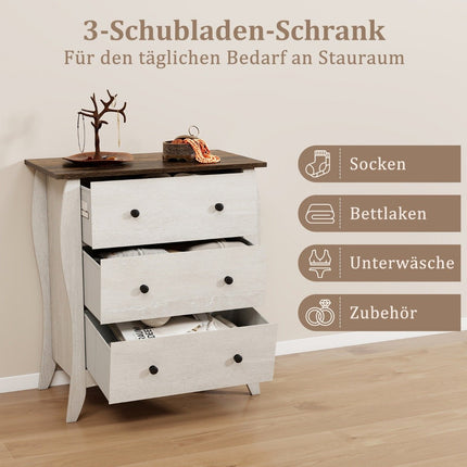 Komoda se 3 skládacími látkovými zásuvkami, sideboard ve venkovském stylu, šedá zásuvková skříňka