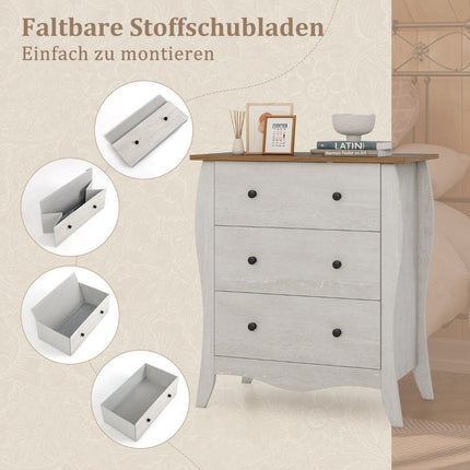 Komoda se 3 skládacími látkovými zásuvkami, sideboard ve venkovském stylu, šedá zásuvková skříňka