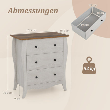Komoda se 3 skládacími látkovými zásuvkami, sideboard ve venkovském stylu, šedá zásuvková skříňka