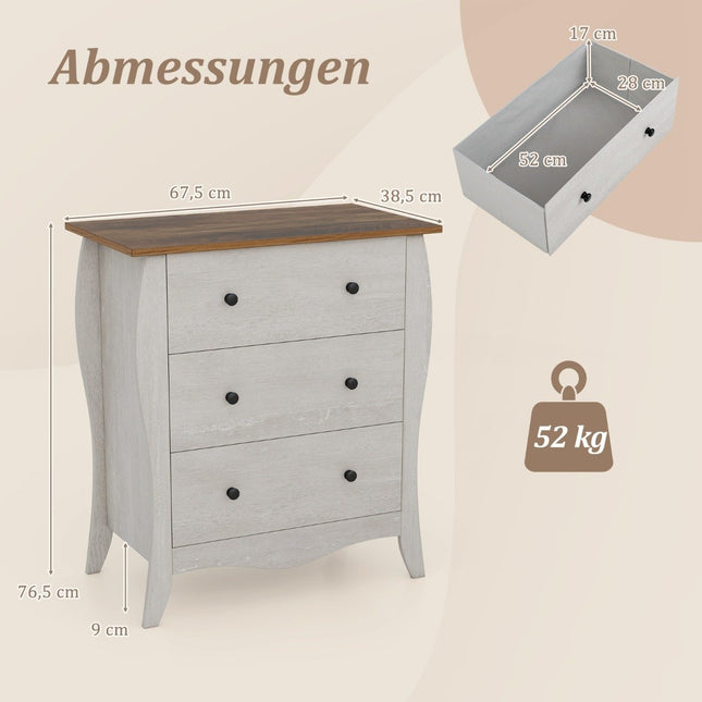 Komoda se 3 skládacími látkovými zásuvkami, sideboard ve venkovském stylu, šedá zásuvková skříňka