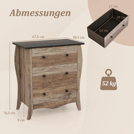 Komoda se 3 skládacími látkovými zásuvkami, sideboard ve venkovském stylu, zásuvková skříňka, hnědá