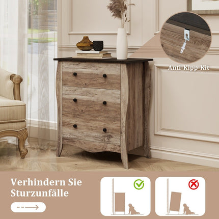 Komoda se 3 skládacími látkovými zásuvkami, sideboard ve venkovském stylu, zásuvková skříňka, hnědá