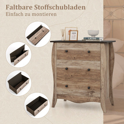 Komoda se 3 skládacími látkovými zásuvkami, sideboard ve venkovském stylu, zásuvková skříňka, hnědá