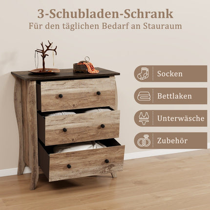 Komoda se 3 skládacími látkovými zásuvkami, sideboard ve venkovském stylu, zásuvková skříňka, hnědá