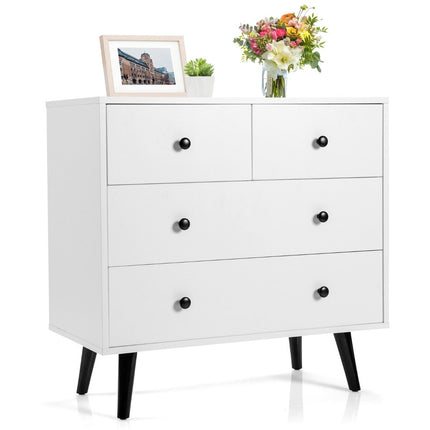 Komoda se 4 zásuvkami, dřevěný sideboard, moderní úložná skříňka, bílá