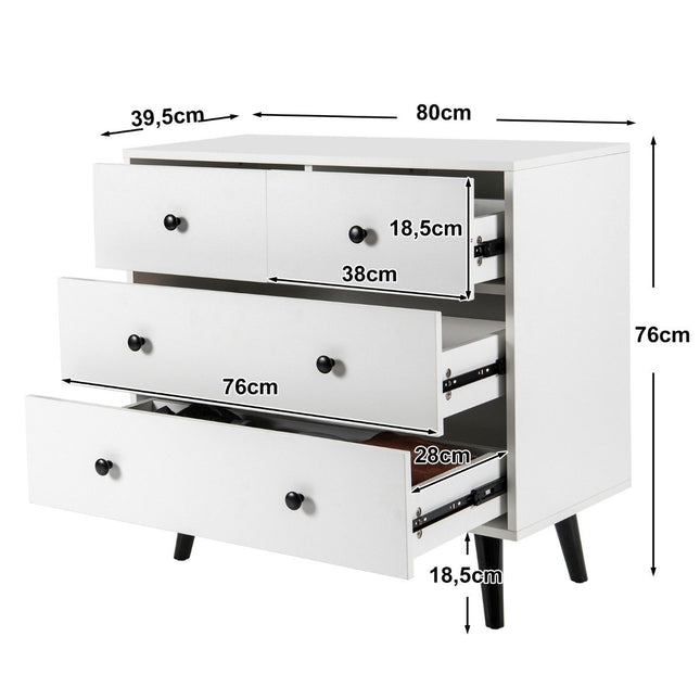 Komoda se 4 zásuvkami, dřevěný sideboard, moderní úložná skříňka, bílá