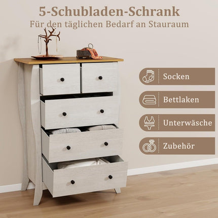 Komoda s 5 skládacími látkovými zásuvkami, sideboard ve venkovském stylu, šedá zásuvková skříňka