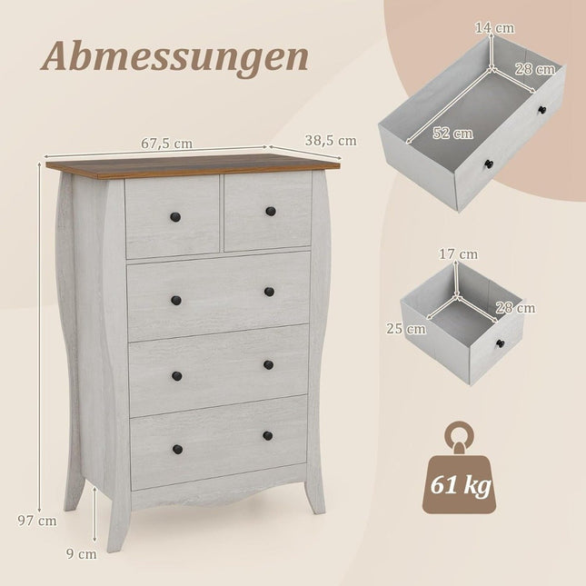 Chest of drawers with 5 folding fabric drawers, country house style sideboard, gray drawer cabinet