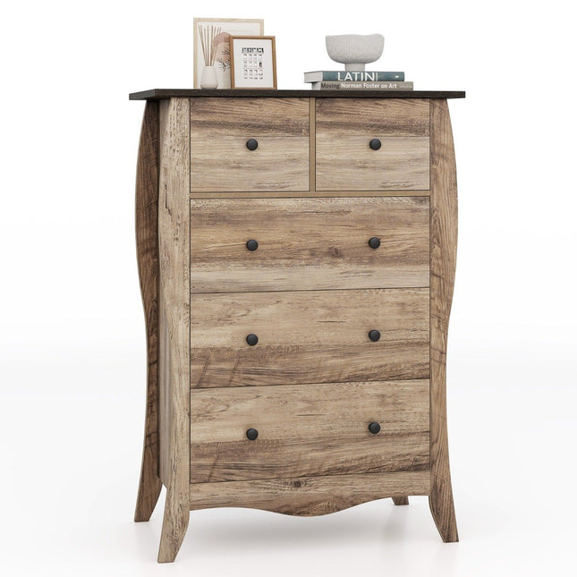 Komoda s 5 skládacími látkovými zásuvkami, sideboard ve venkovském stylu, zásuvková skříňka, hnědá