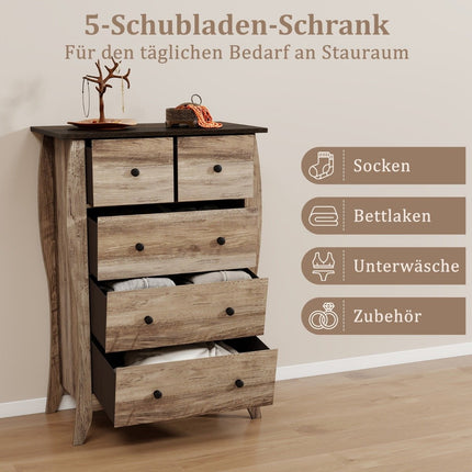Komoda s 5 skládacími látkovými zásuvkami, sideboard ve venkovském stylu, zásuvková skříňka, hnědá