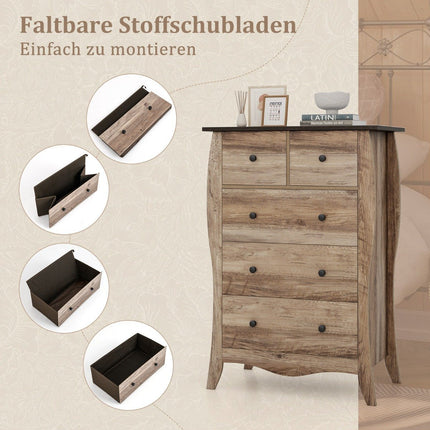 Komoda s 5 skládacími látkovými zásuvkami, sideboard ve venkovském stylu, zásuvková skříňka, hnědá