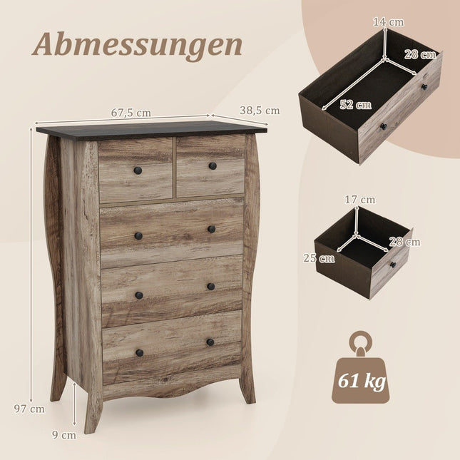 Komoda s 5 skládacími látkovými zásuvkami, sideboard ve venkovském stylu, zásuvková skříňka, hnědá
