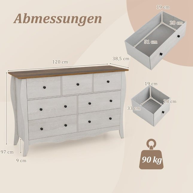 Komoda se 7 skládacími látkovými zásuvkami, sideboard ve venkovském stylu, šatní skříň, šedá