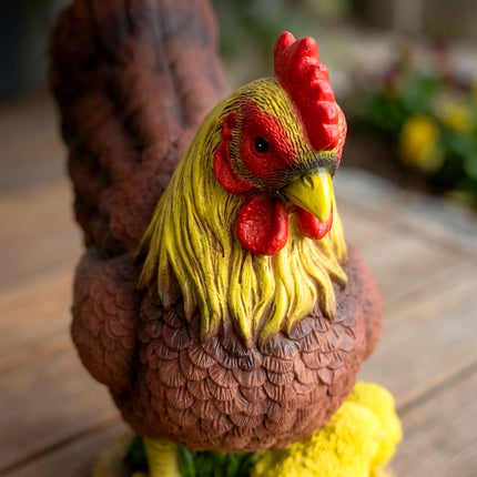Tuinornament in de vorm van een kip, gemaakt van polyhars, verkrijgbaar in diverse kleuren.