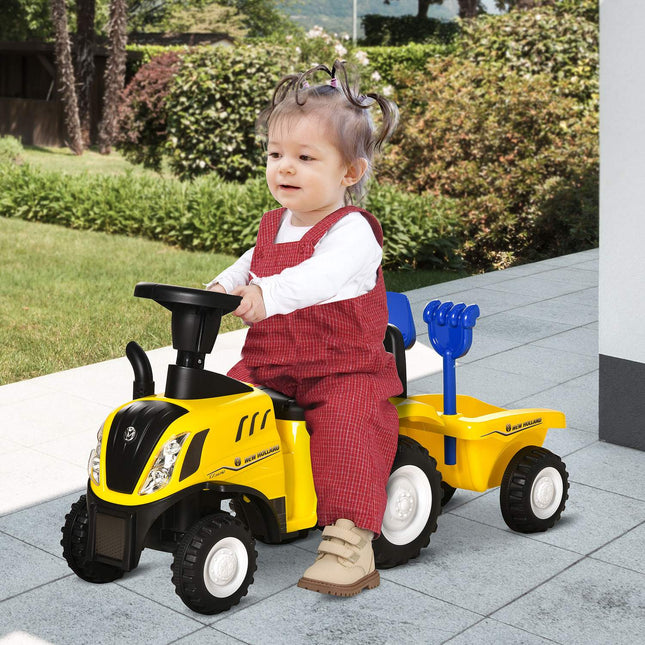 Odrážecí traktor s vlečkou a klaksonem pro děti, žlutý