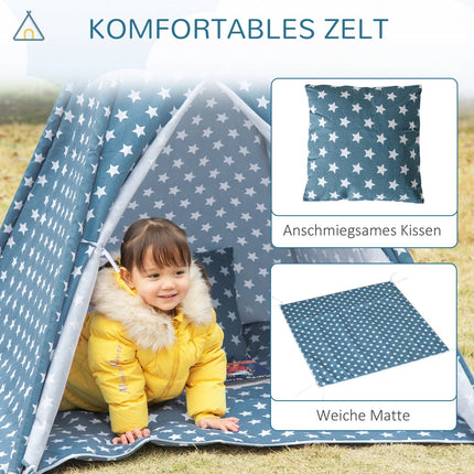 Skládací modré teepee pro děti na hraní doma i venku