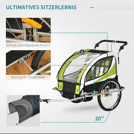 Dětský vozík za kolo pro 2 s pláštěnkou, zelený/černý