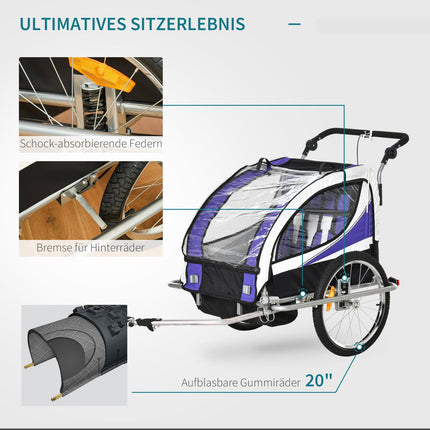 Dětský vozík za kolo pro 2 s pláštěnkou, fialový a černý