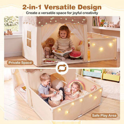 Children's 2-in-1 Play Tent with Glow Stars, Beige, 170x120x137 cm
