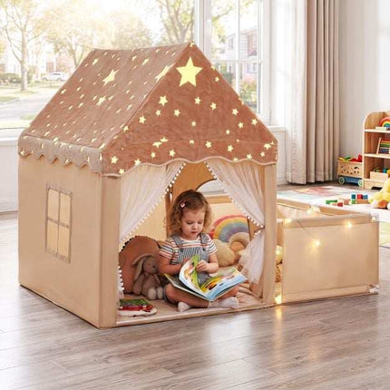 Children's 2-in-1 Play Tent with Glow Stars, Beige, 170x120x137 cm