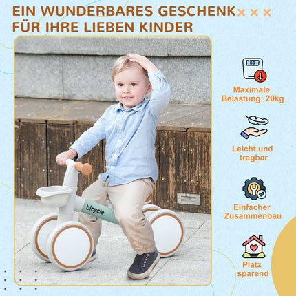Balance bike for children, green/white, TPU wheels, 1 year+
