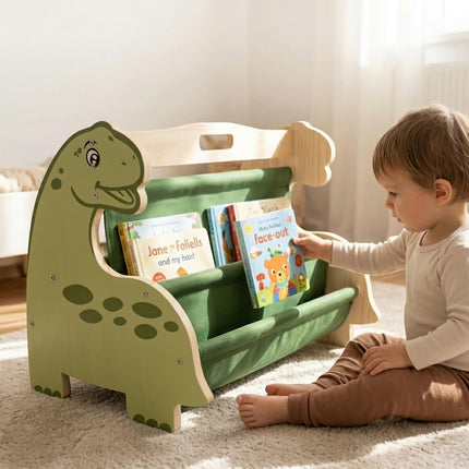 Children's Bookcase with 4 Fabric Pockets – Dino Design