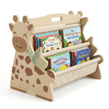 Children's Bookcase with 4 Fabric Pockets – Giraffe Design