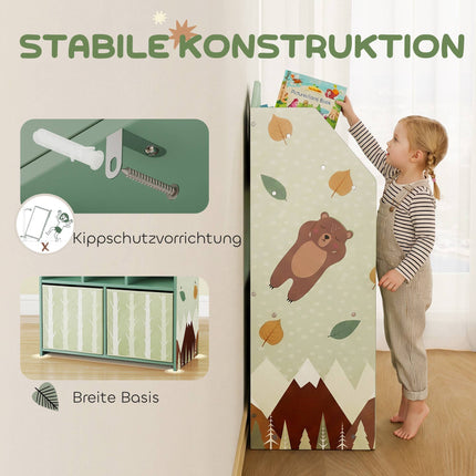 Dětská knihovna se 2 látkovými zásuvkami, zelená, 91.5 cm