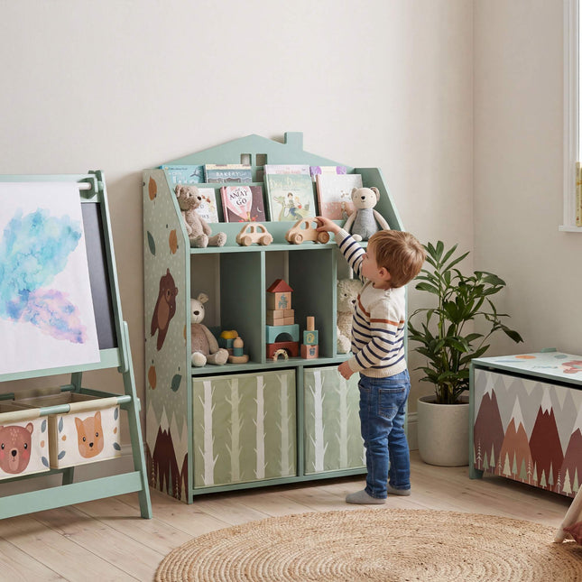 Dětská knihovna se 2 látkovými zásuvkami, zelená, 91.5 cm