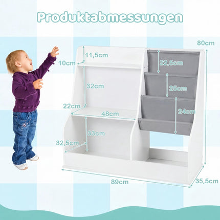 Children's Bookshelf with 3-Tier Fabric Pockets, White