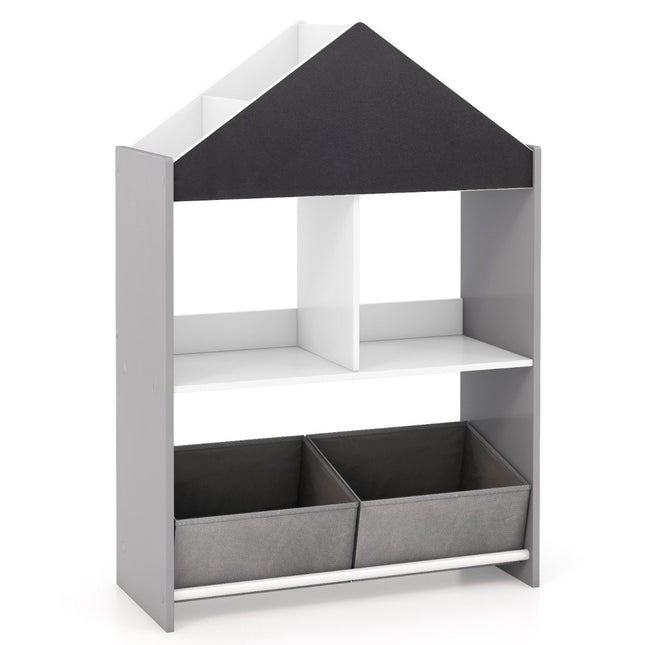 Kinderboekenplank met schoolbord en opbergdozen