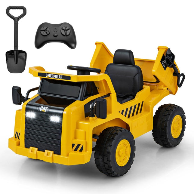 Dětské elektrické auto Caterpillar 12V, sklápěč na ježdění s lopatkou na písek, sklápěcí korbou a megafonem