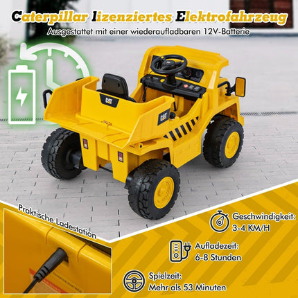 Dětské elektrické auto Caterpillar 12V, sklápěč na ježdění s lopatkou na písek, sklápěcí korbou a megafonem