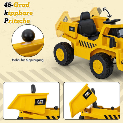 Dětské elektrické auto Caterpillar 12V, sklápěč na ježdění s lopatkou na písek, sklápěcí korbou a megafonem