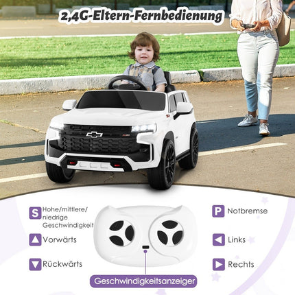 Dětské elektrické auto Chevrolet s dálkovým ovládáním 2.4G, odpružením, světly a hudbou, dětské autíčko bílé
