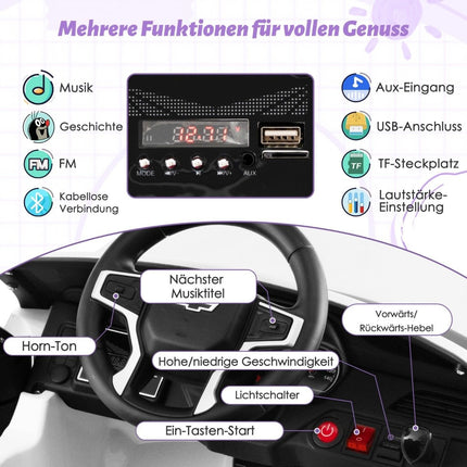 Dětské elektrické auto Chevrolet s dálkovým ovládáním 2.4G, odpružením, světly a hudbou, dětské autíčko bílé