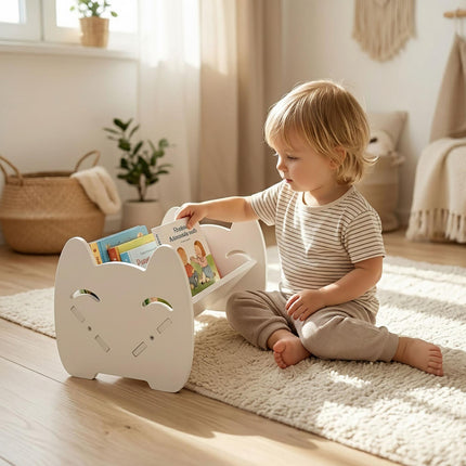 Children's Desk Bookshelf with Cat Design, White PVC, 3 kg Load