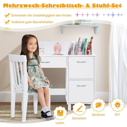 Dětský psací stůl a židle, studijní stůl se zásuvkou a úložnými skříňkami, bílý