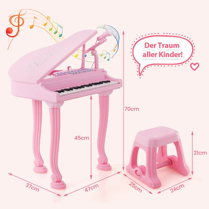Dětské klávesy s 37 klávesami a stoličkou, elektronické piano, 47 x 37 x 70 cm, růžové