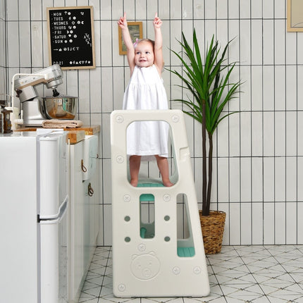 Children's Kitchen Stool with Double Safety Handrails & 3 Adjustable Heights & Non-Slip Feet Green