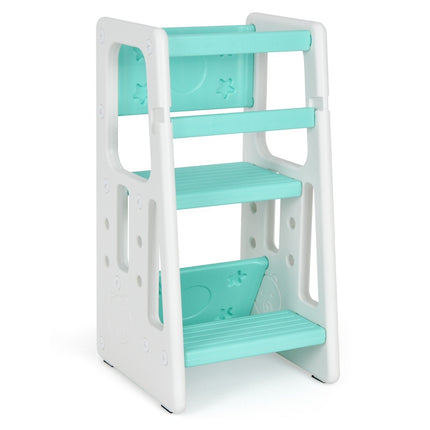 Children's Kitchen Stool with Double Safety Handrails & 3 Adjustable Heights & Non-Slip Feet Green