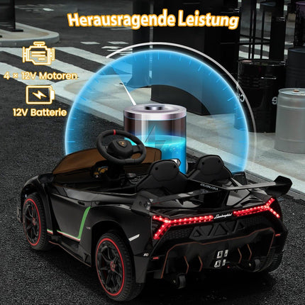 Dětské elektrické auto Lamborghini s dálkovým ovládáním, LED světlomety, klaksonem a hudbou, černé