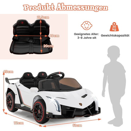 Dětské elektrické auto Lamborghini s dálkovým ovládáním, LED světlomety, klaksonem a hudbou, bílé