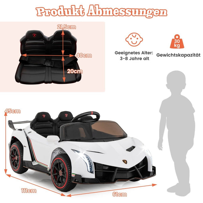 Dětské elektrické auto Lamborghini s dálkovým ovládáním, LED světlomety, klaksonem a hudbou, bílé