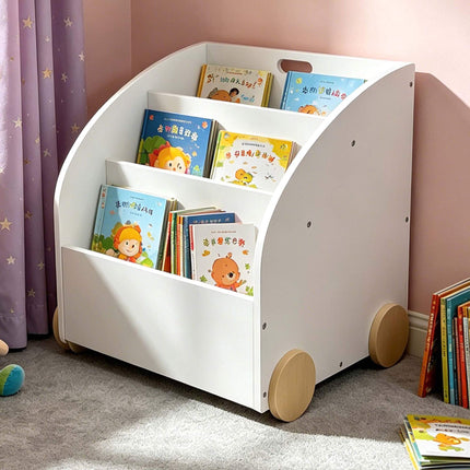 Children's Mobile Bookcase, 3 Shelves, White/Natural