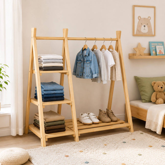 Kinderkledingrek van grenenhout met plank, natuurlijke afwerking